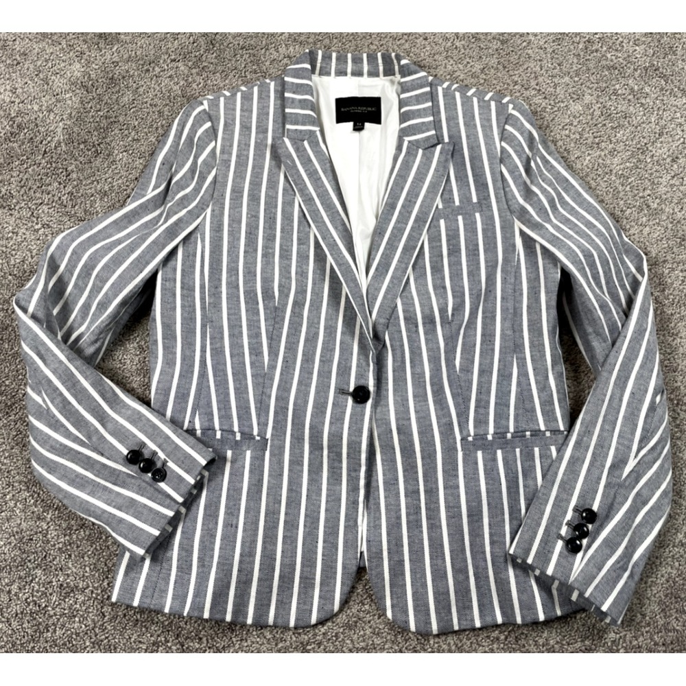 Banana Republic Blazer Womens 14 Classic Fit Linen Striped One Button Blue Light